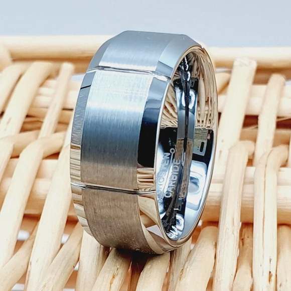 Jewelry - "Vertical Groove Silver Tungsten Ring for Man, GALTUN043